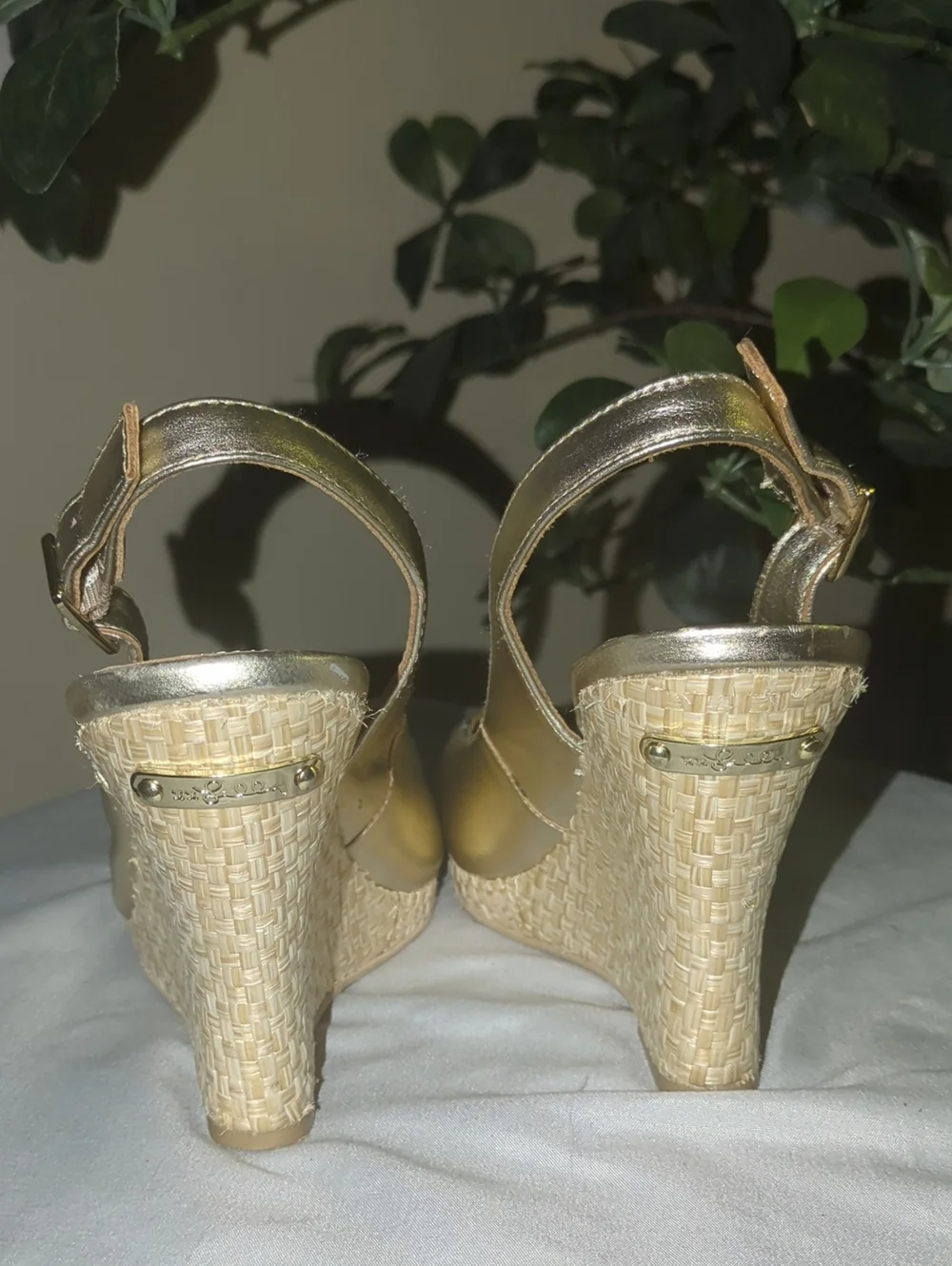 Lilly Pulitzer Gold Peep-Toe Wedge Slingback Heels